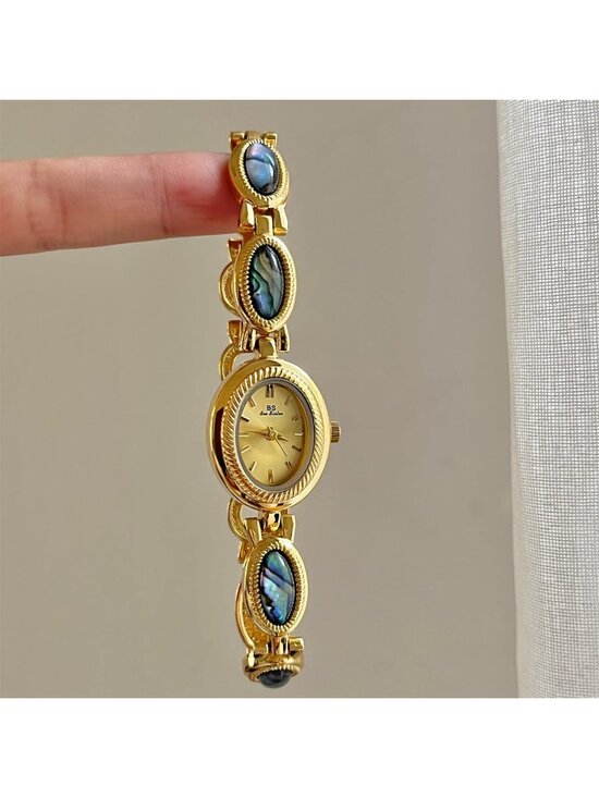 Women\'s Gold Vintage Bracelet Elegant Jade Oval Dial Waterproof Wrist Watch